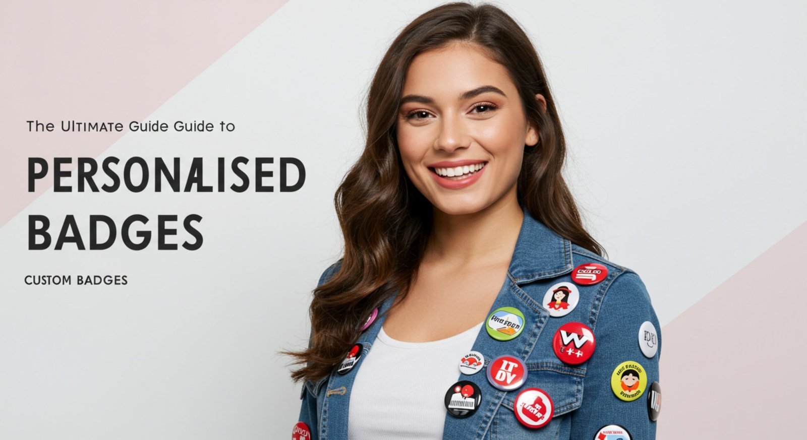A smiling woman wearing clothing with personalised badges showcasing The Ultimate Guide to Personalised Badges Tips and Tools title in the image